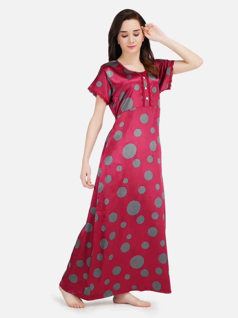 KOI SLEEPWEAR Women's Satin Nighty Frock Checks / Maxi Night Gown for Women - Maroon