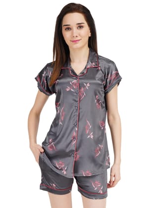 KOI SLEEPWEAR Women's Printed Satin Shirt & Short Sleeve Night Suit Lounge Wear