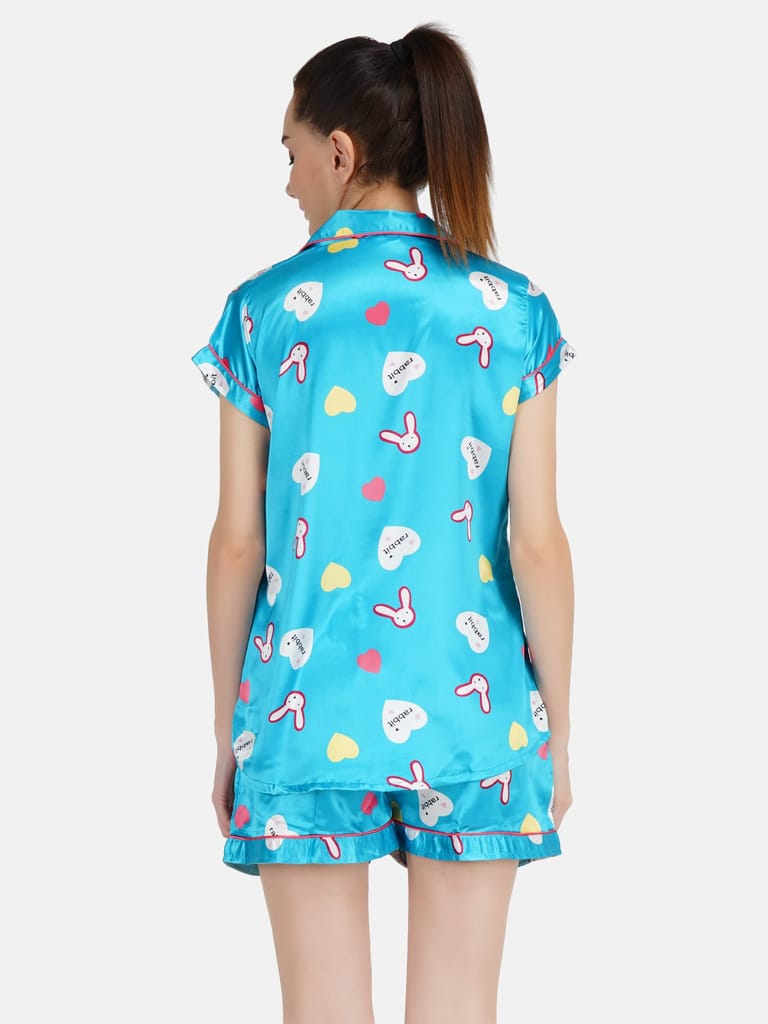 KOI SLEEPWEAR Women Satin Rabbit Nightsuit Set - Sky Blue