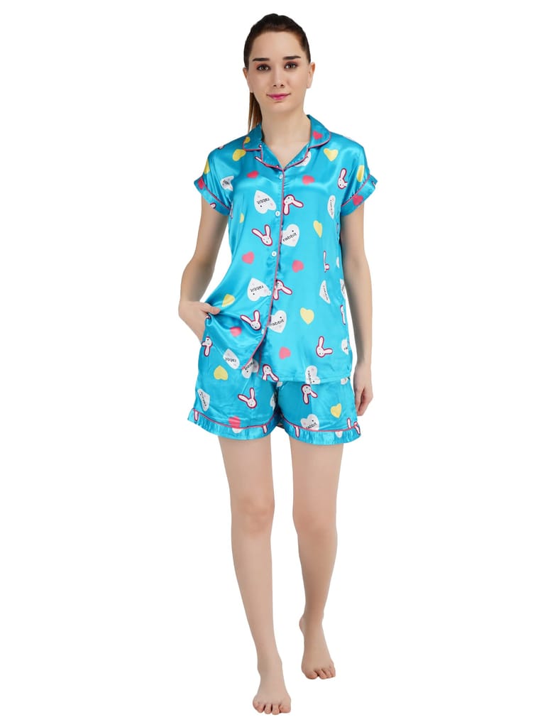 KOI SLEEPWEAR Women Satin Rabbit Nightsuit Set - Sky Blue