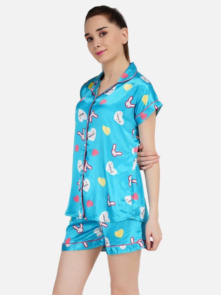 KOI SLEEPWEAR Women Satin Rabbit Nightsuit Set - Sky Blue