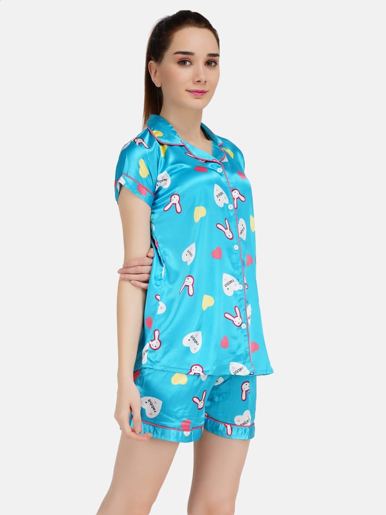 KOI SLEEPWEAR Women Satin Rabbit Nightsuit Set - Sky Blue