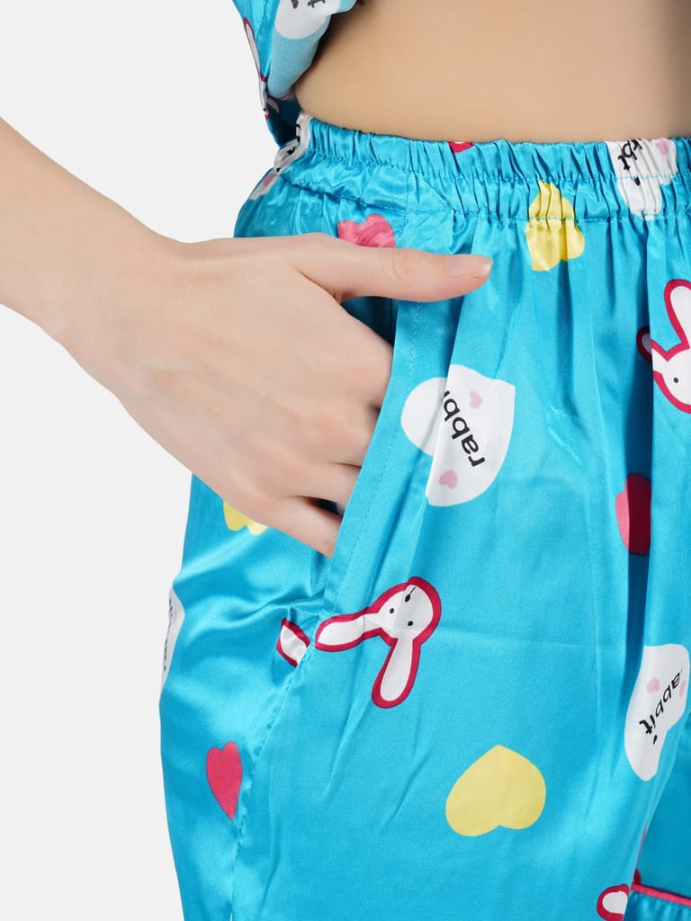 KOI SLEEPWEAR Women Satin Rabbit Nightsuit Set - Sky Blue