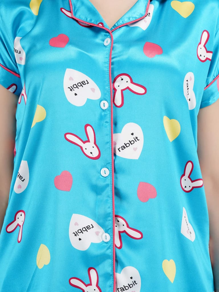 KOI SLEEPWEAR Women Satin Rabbit Nightsuit Set - Sky Blue