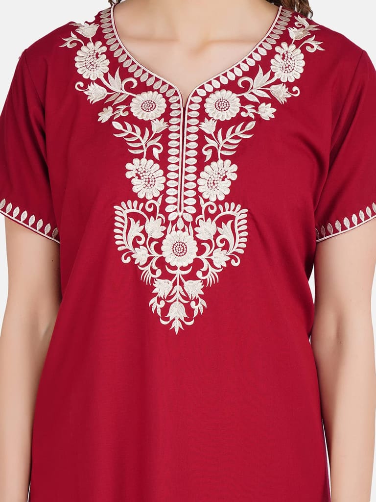 KOI SLEEPWEAR Premium Women White SIX Flower Embroidery Night Gown Lizzybizzy Cotton Nighty Maxi