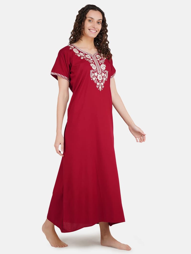 KOI SLEEPWEAR Premium Women White SIX Flower Embroidery Night Gown Lizzybizzy Cotton Nighty Maxi