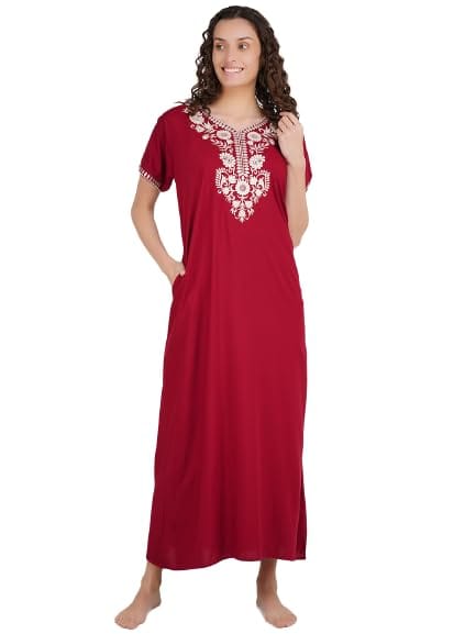 KOI SLEEPWEAR Premium Women White SIX Flower Embroidery Night Gown Lizzybizzy Cotton Nighty Maxi