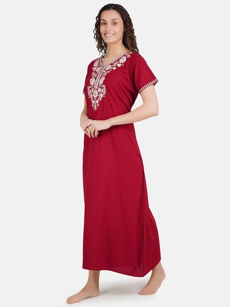 KOI SLEEPWEAR Premium Women White SIX Flower Embroidery Night Gown Lizzybizzy Cotton Nighty Maxi