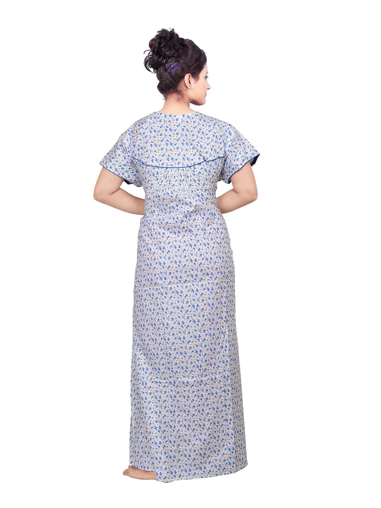 VALENCIA SLEEPWEAR Pure Cotton White Printed Round Neck Nightgown Nighty with Pleades for Extra Comfort