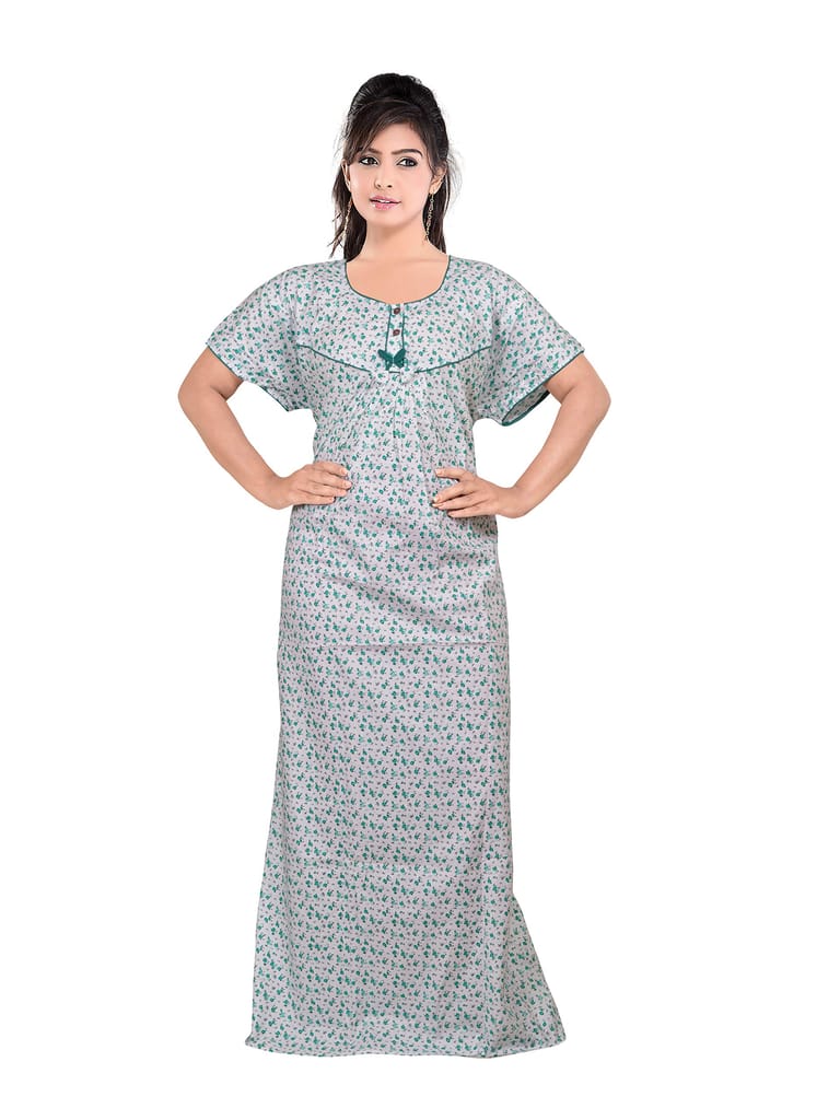 VALENCIA SLEEPWEAR Pure Cotton White Printed Round Neck Nightgown Nighty with Pleades for Extra Comfort