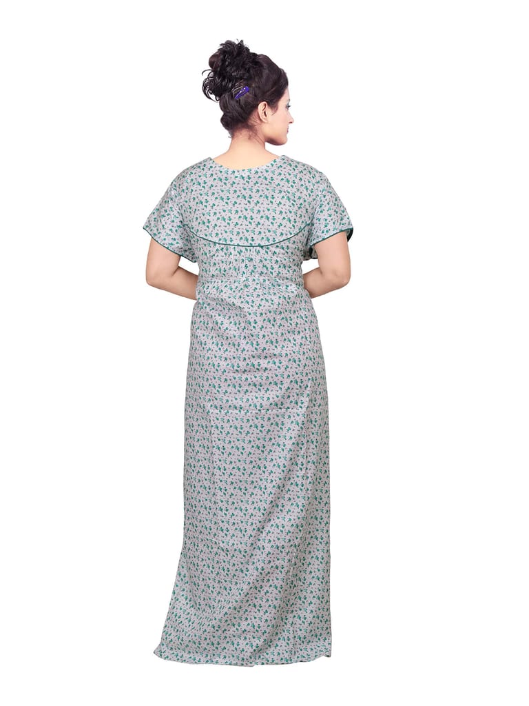 VALENCIA SLEEPWEAR Pure Cotton White Printed Round Neck Nightgown Nighty with Pleades for Extra Comfort