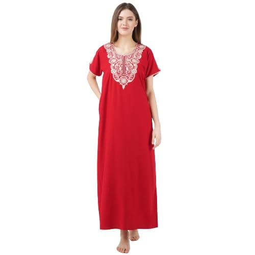 KOI SLEEPWEAR lizzybizzy Nightgown with White Floral Embroidery with Pockets Comfortable for Women (Free Size)