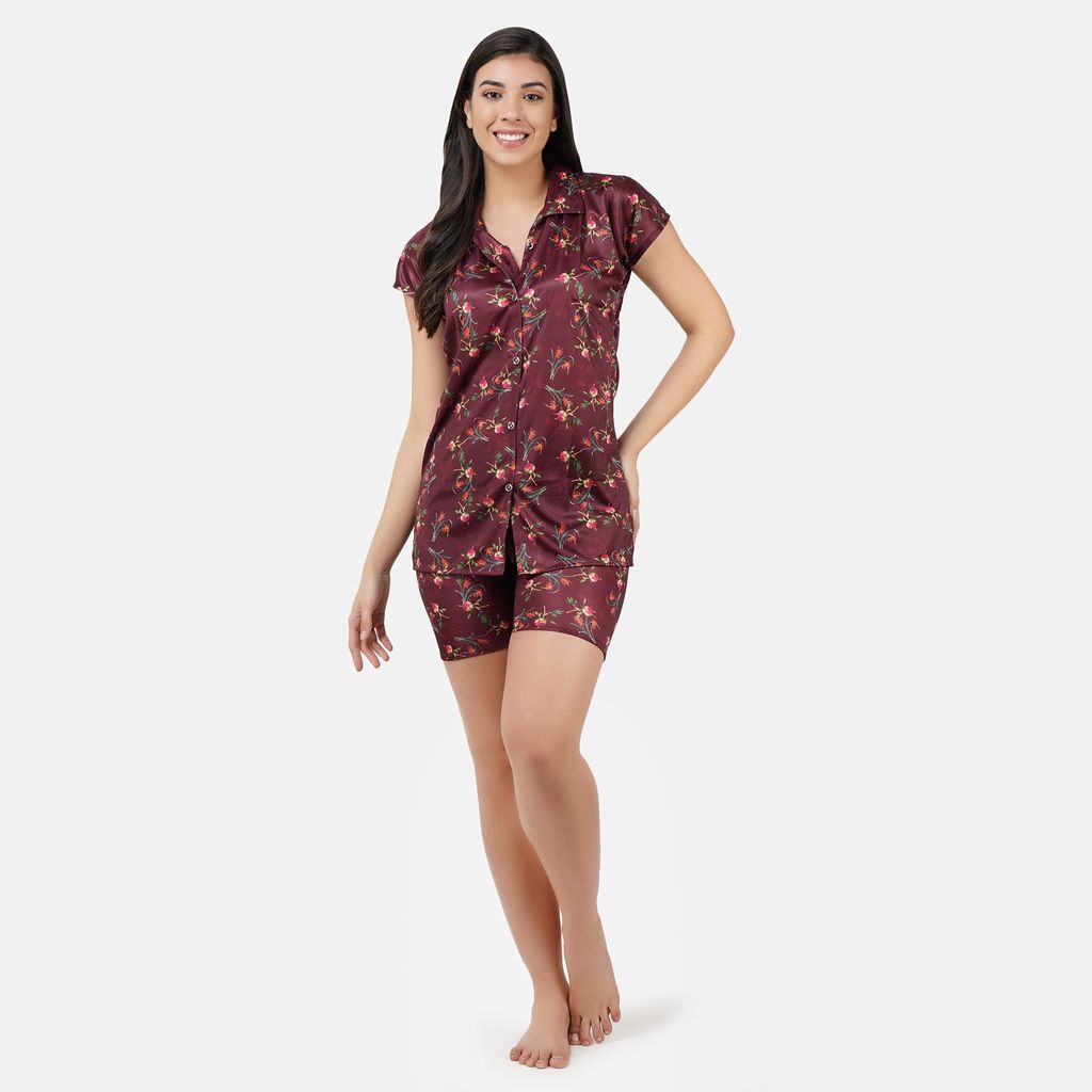 VALENCIA SLEEPWEAR Digital Pattern Print Satin Short Night Suit Night Dress Loungewear Shorts