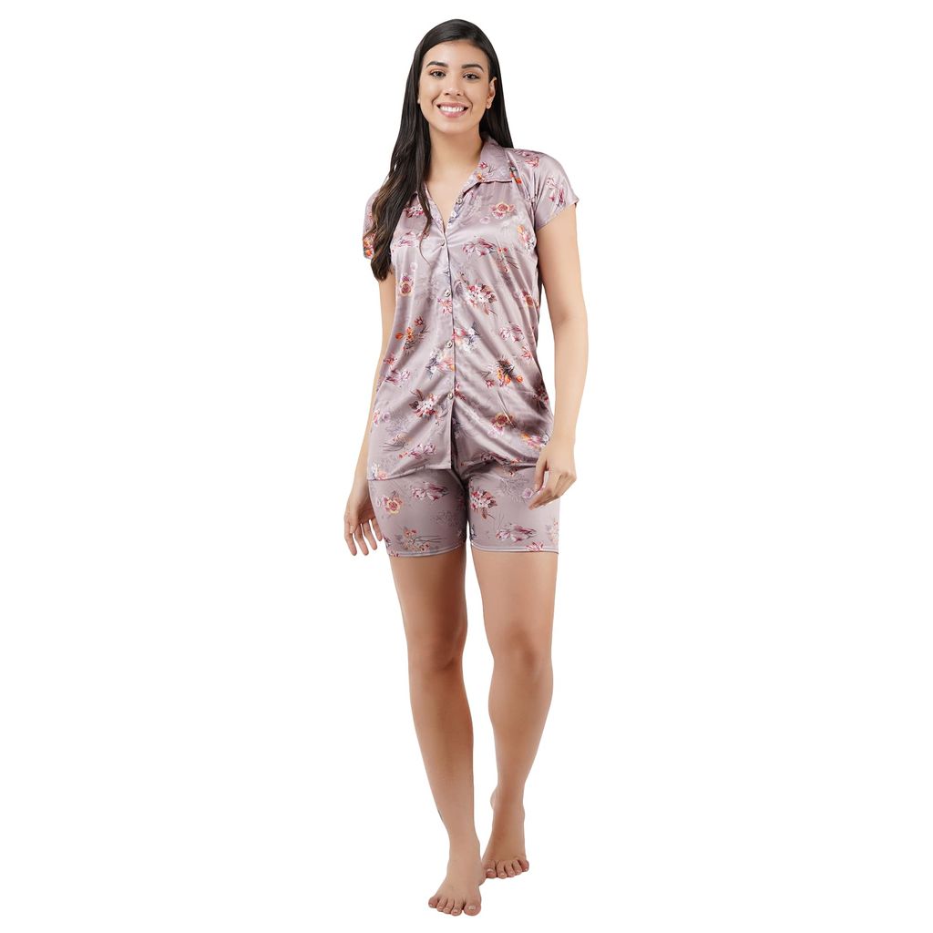 VALENCIA SLEEPWEAR Digital Pattern Print Satin Short Night Suit Night Dress Loungewear Shorts