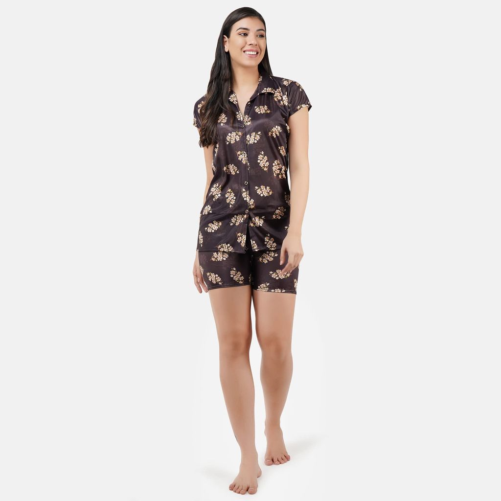 VALENCIA SLEEPWEAR Digital Pattern Print Satin Short Night Suit Night Dress Loungewear Shorts
