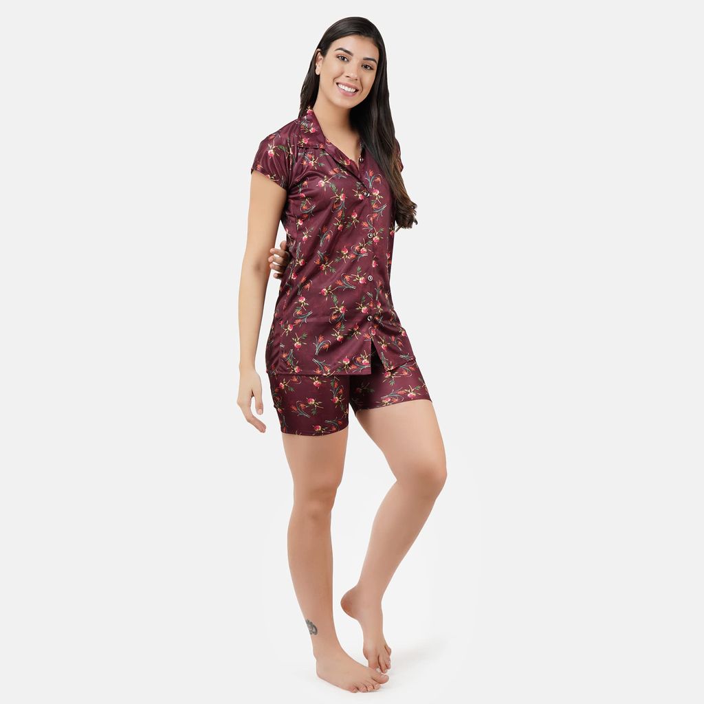 VALENCIA SLEEPWEAR Digital Pattern Print Satin Short Night Suit Night Dress Loungewear Shorts