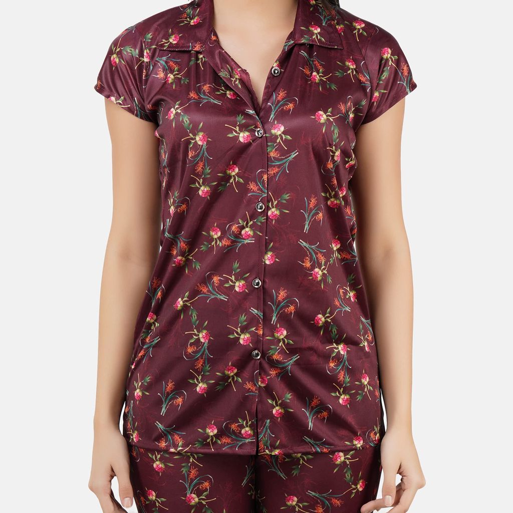 VALENCIA SLEEPWEAR Digital Pattern Print Satin Short Night Suit Night Dress Loungewear Shorts