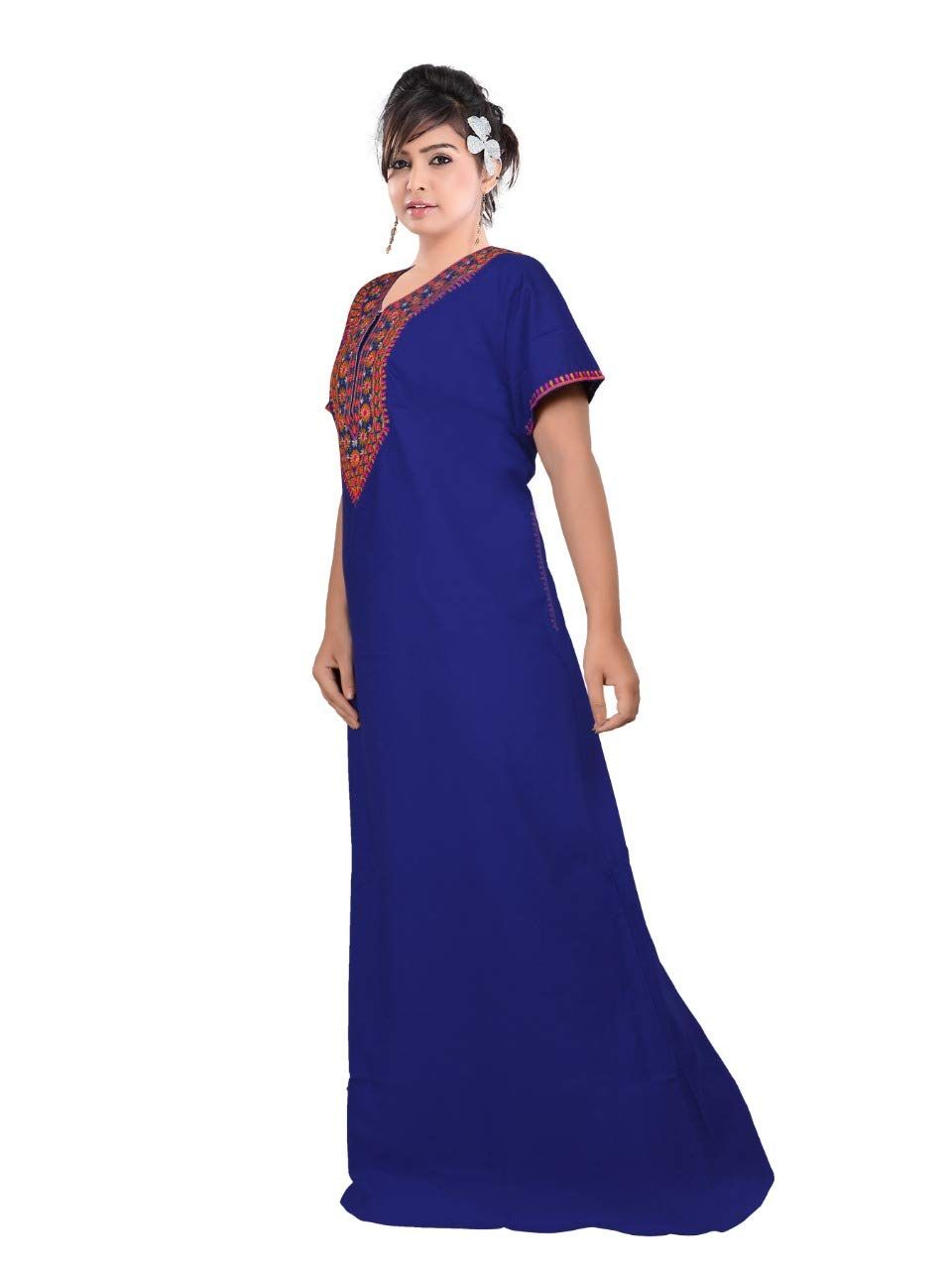 VALENCIA SLEEPWEAR Night Wear Printed Cotton Front Pleades Fabric Round Neck A Line Embroidery Gown Sleepwear