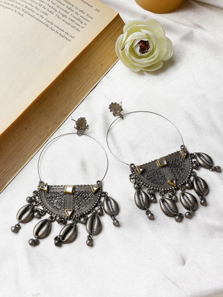 Oxidized Silver Color shell Kundan Earrings - Earrings | Buy online on ZillyBuy