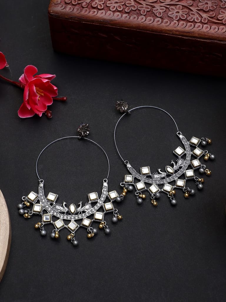 Oxidized Silver Color Kundan Bali Earrings - Earrings | Buy online on ZillyBuy