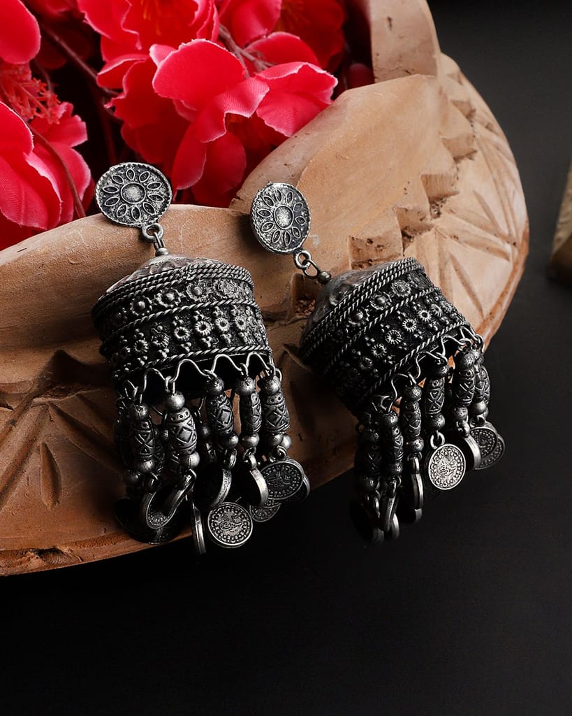 Cardinal Metallic Oxidized Jhumka Earrings - Earrings | Buy online on ZillyBuy