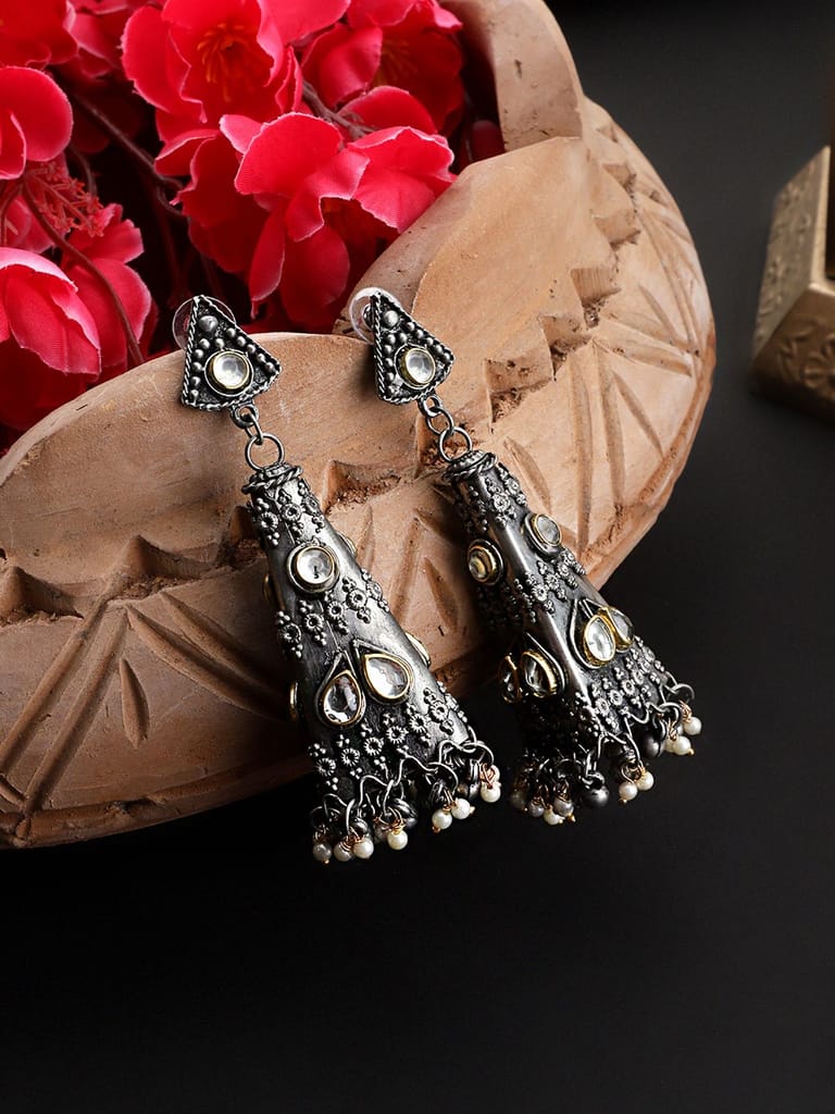 Cardinal Oxidized Metallic Kundan Light Weight Jhumka Earrings - Earrings | Buy online on ZillyBuy