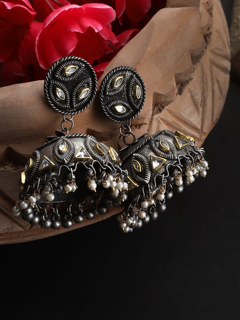 Cardinal Oxidized Metallic Kundan Moti Light Weight Jhumka - Earrings | Buy online on ZillyBuy