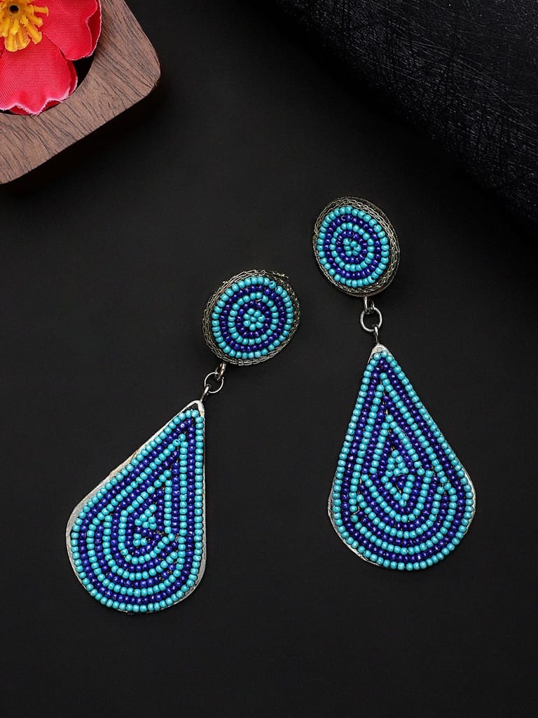 Cardinal Blue & Black Oxidized Beads Weaving Geometric Design Earrings - Earrings | Buy online on ZillyBuy