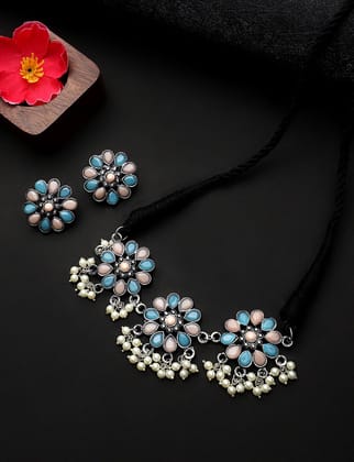 Oxidized Silver Color Multicolor Floral Stone Choker Necklace Set