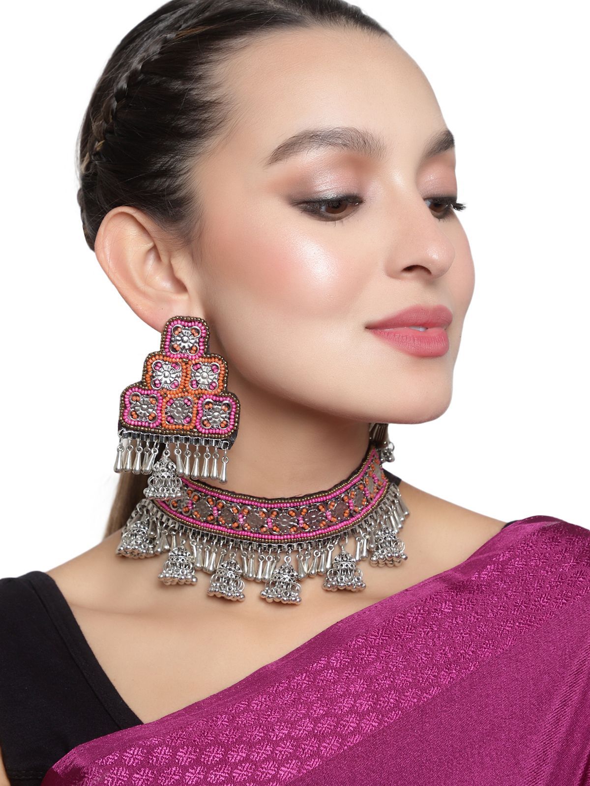 Cardinal Oxidized Beads Weaving Geometric Floral Magenta Color Choker Necklace Set