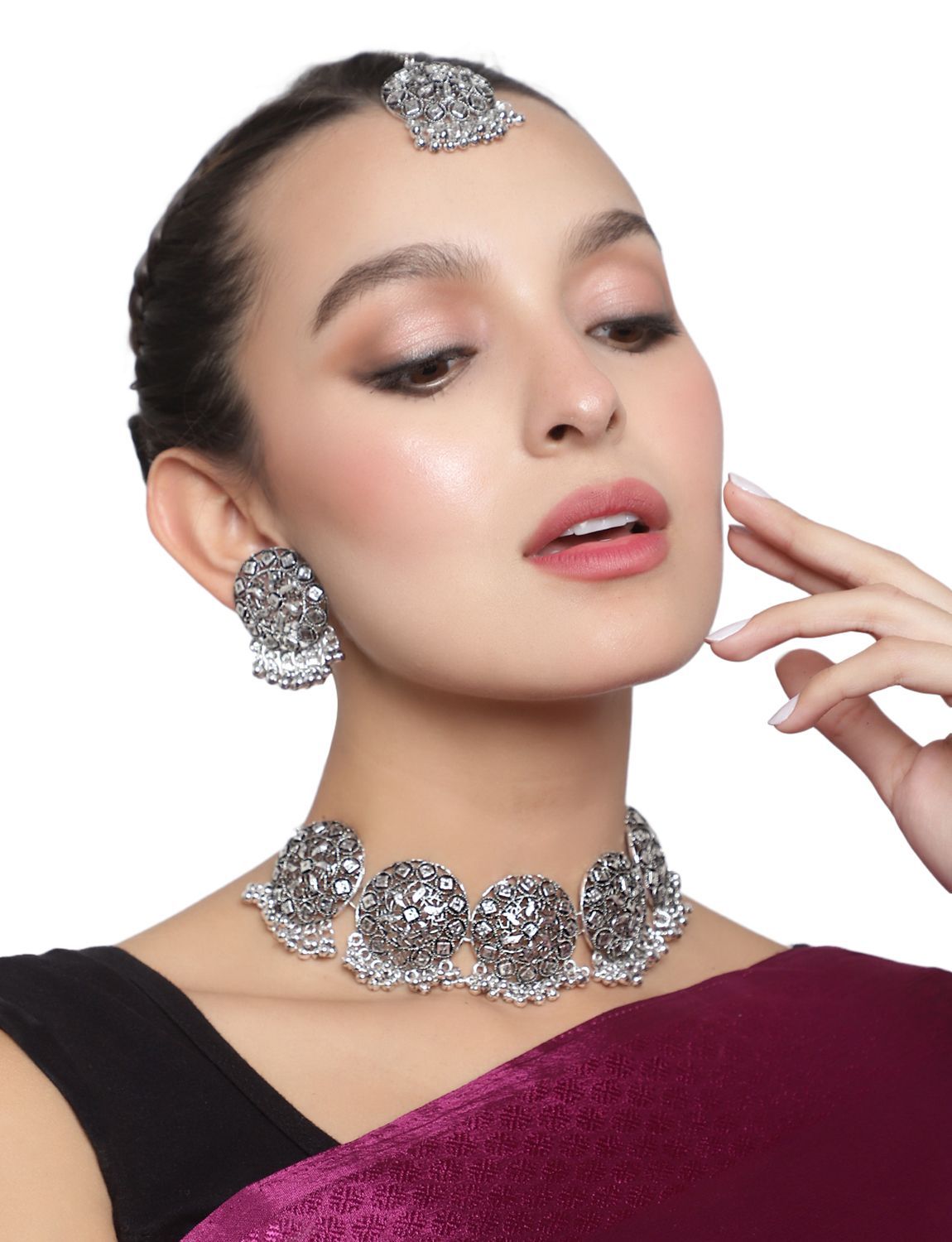 Cardinal Oxidize Silver Color Mirror Choker  Maang Tika & Necklace Set