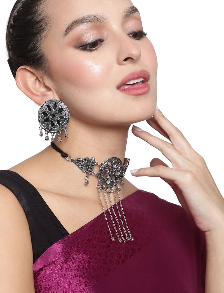 Cardinal Oxidized Silver Color Kundan Mirror Choker Necklace Set - Jewellery Sets | Buy online on ZillyBuy