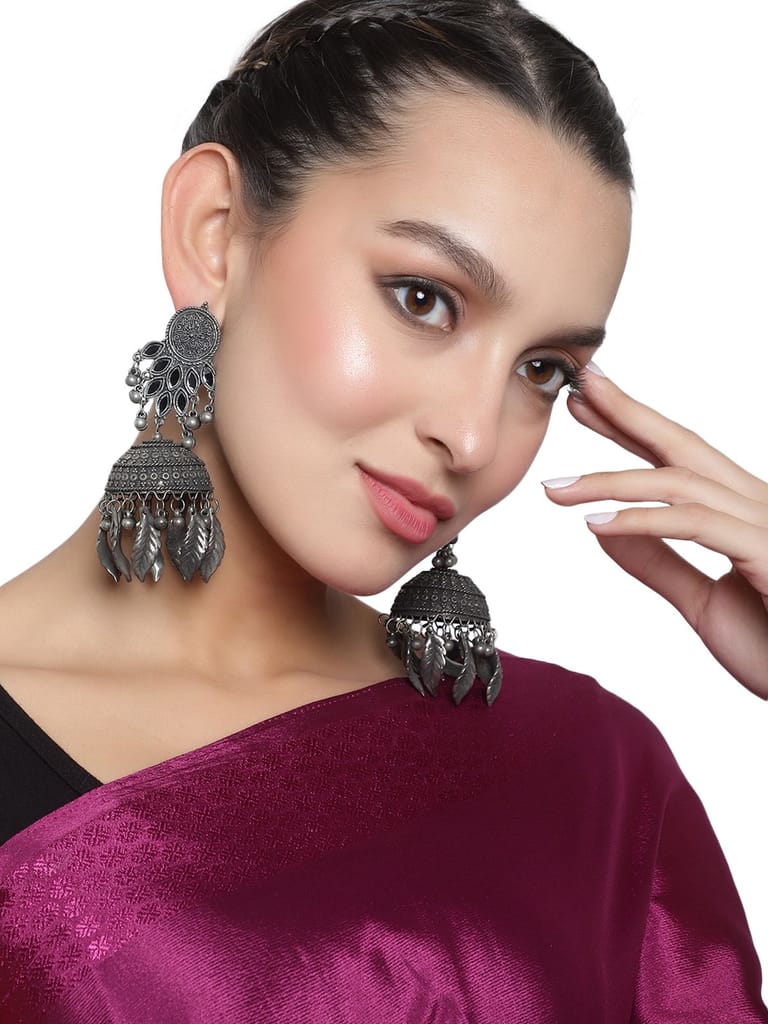 Cardinal Oxidized Antique Metallic Color Mirror Jhumka Earrings - Earrings | Buy online on ZillyBuy