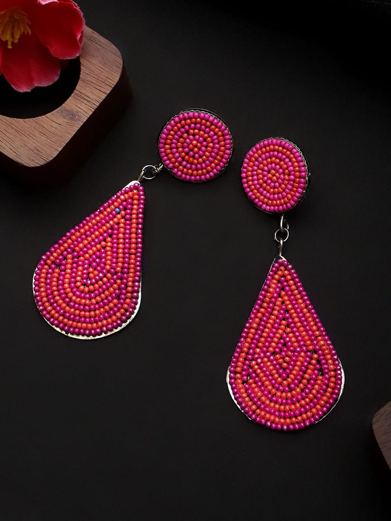 Cardinal Pink Color Beads Weaving Metal Base Geometric Design Earrings - Earrings | Buy online on ZillyBuy
