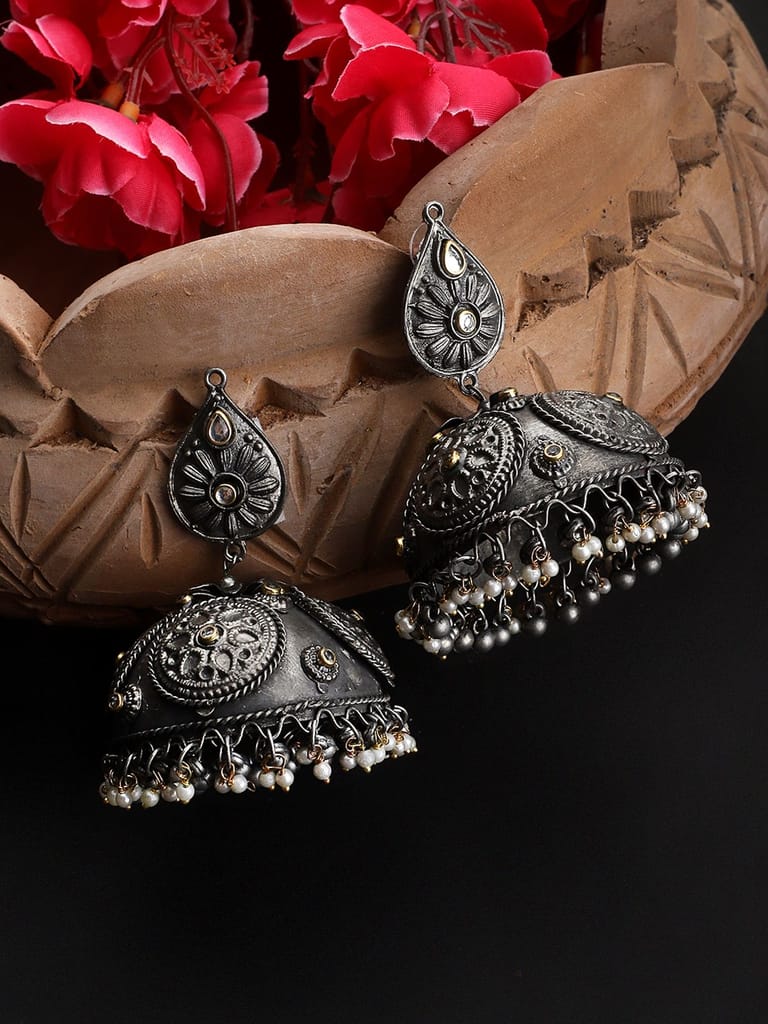 Cardinal Oxidized Metallic Kundan Light Weight Jhumka Earrings - Earrings | Buy online on ZillyBuy