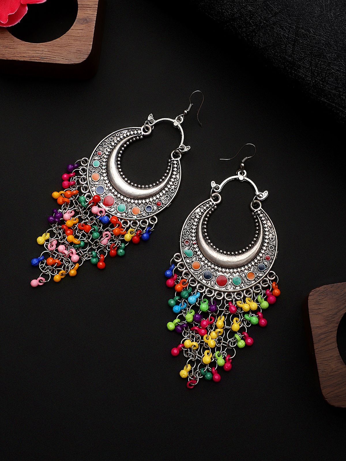 Cardinal Multicolor Beads Oxidized Silver Color Chandbali Earrings