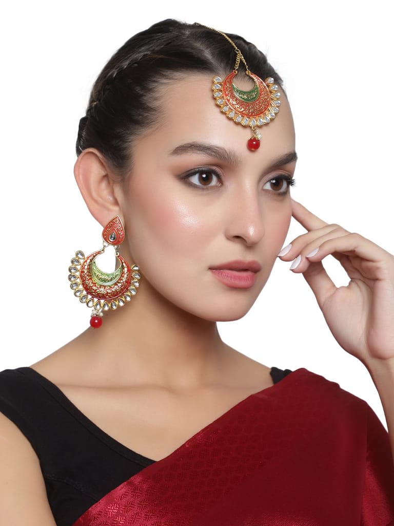 Cardinal Multicolor Minakari Kundan Maang Tika & Earrings - Earrings | Buy online on ZillyBuy
