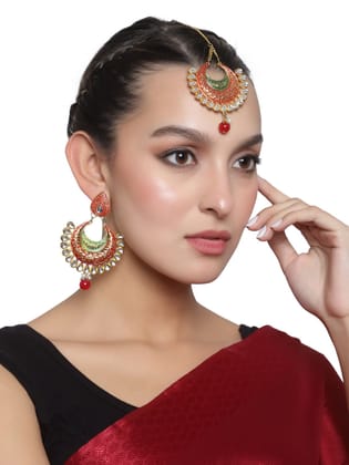 Cardinal Multicolor Minakari Kundan Maang Tika & Earrings