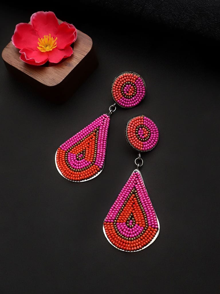 Cardinal Pink & Orange Color Beads Weaving Oxidized Geometric Design Earrings - Earrings | Buy online on ZillyBuy