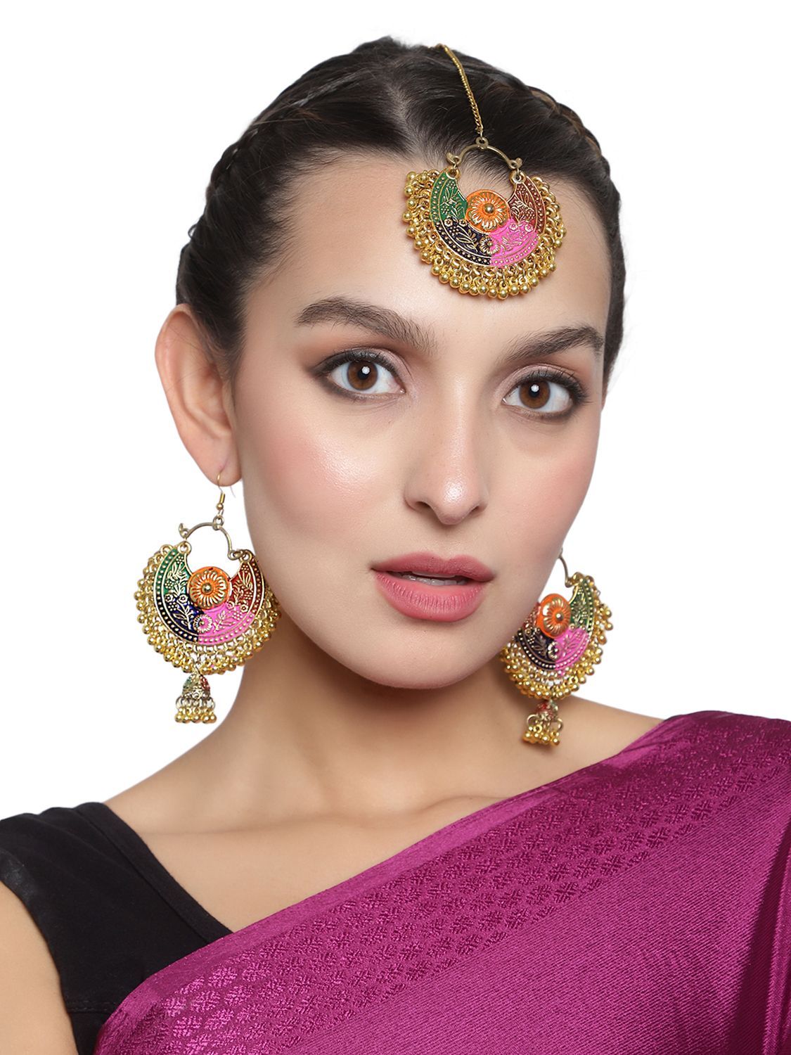 Multicolor Minakari Gold Plated Maang Tika & Earrings