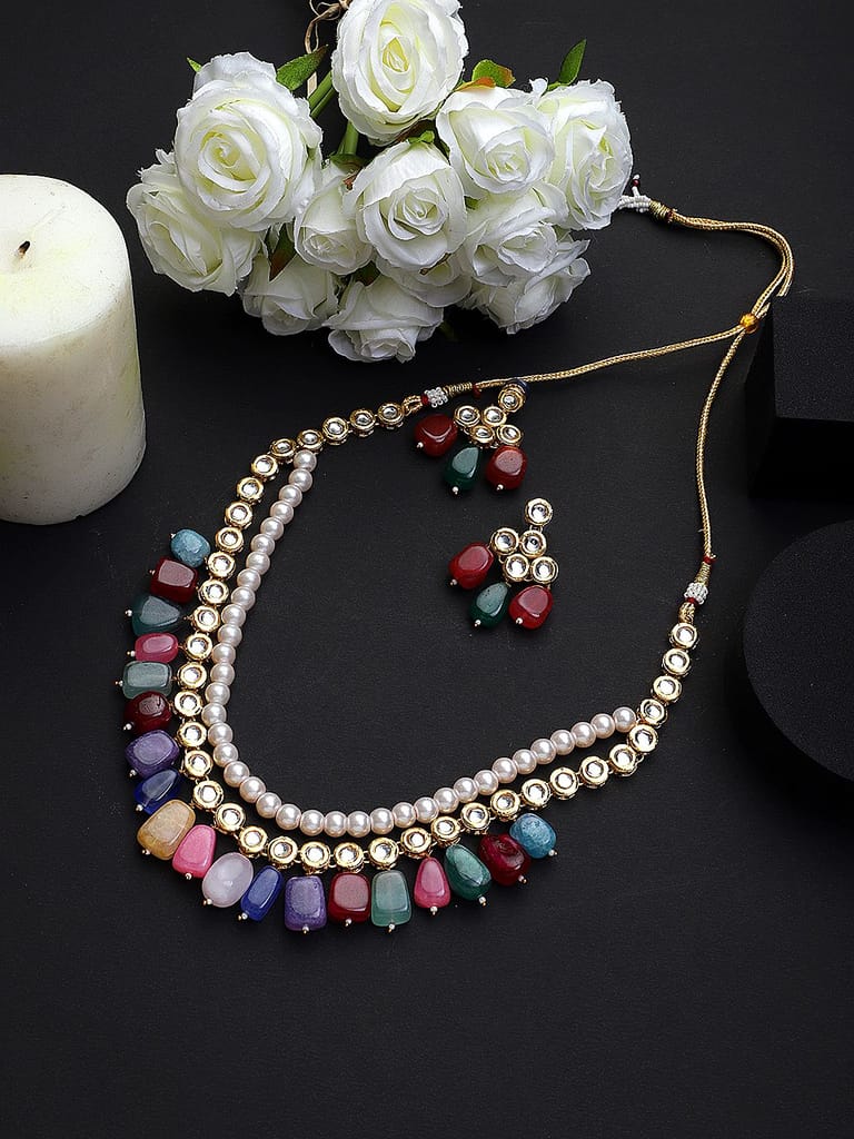 Cardinal Multicolor Kundan Multistring Onyx Long Necklace Set - Jewellery Sets | Buy online on ZillyBuy