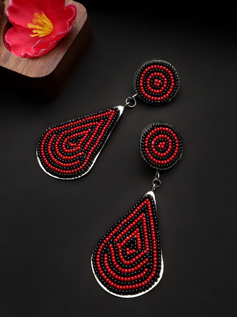 Cardinal Geometric Design Oxidized Beads Weaving Black & Maroon Earrings - Earrings | Buy online on ZillyBuy