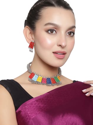 Cardinal Multicolor Oxidized Silver Color Choker Necklace Set
