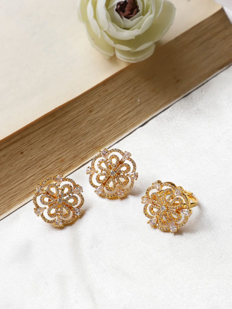 Cardinal Gold Plated Ring & Earrings Gold Plated White Stone American Diamond - Earrings | Buy online on ZillyBuy