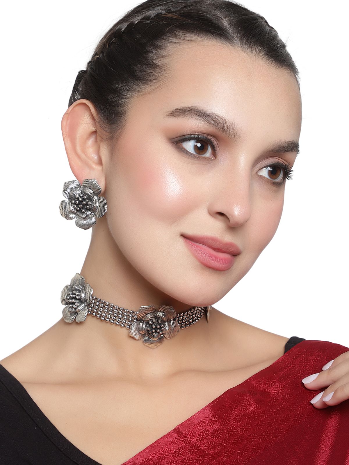 Cardinal Oxidized Silver Color Floral Choker Necklace Set