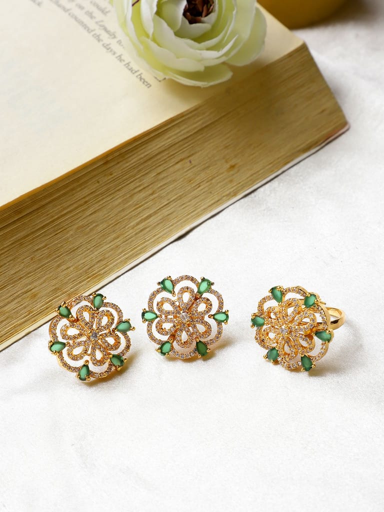 Cardinal American Diamond Green Stone Ring And Earrings Gold Plated - Earrings | Buy online on ZillyBuy