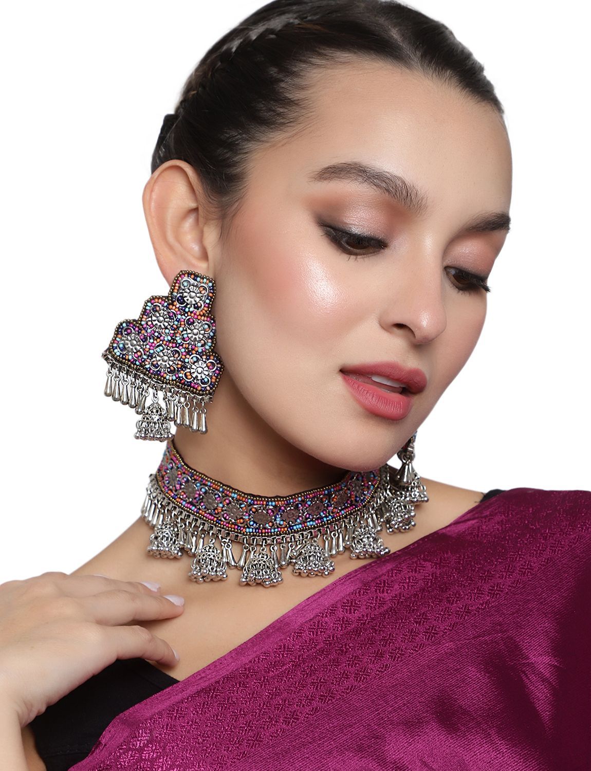 Cardinal Oxidized Geometric Design Multicolor Beads Choker Necklace Set