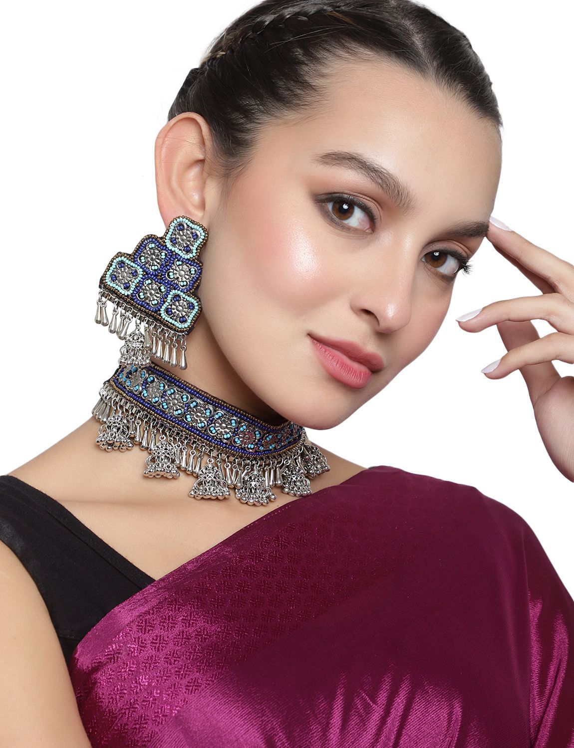 Cardinal Oxidized Multicolor Geometric Design Beads Choker Necklace Set