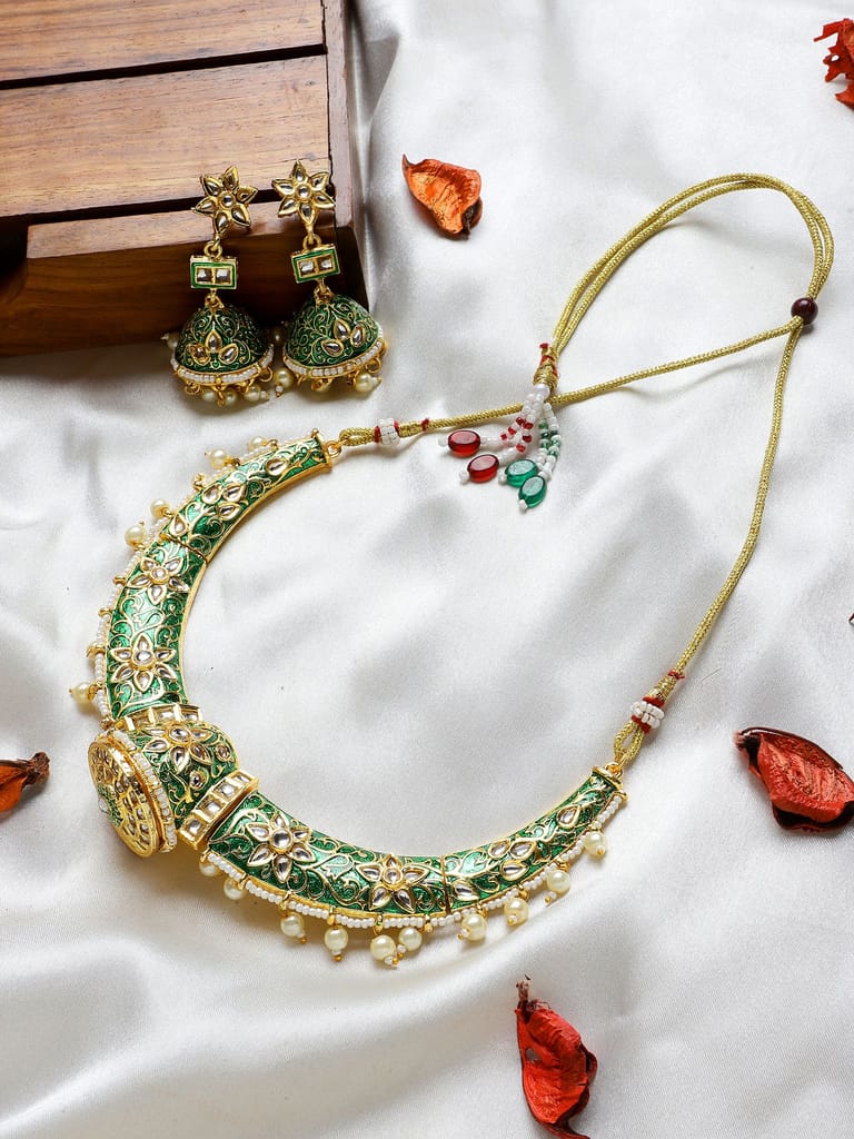 Green Color Minakari Rajwada Hansli Choker Kundan Necklace Set & Jhumki - Jewellery Sets | Buy online on ZillyBuy