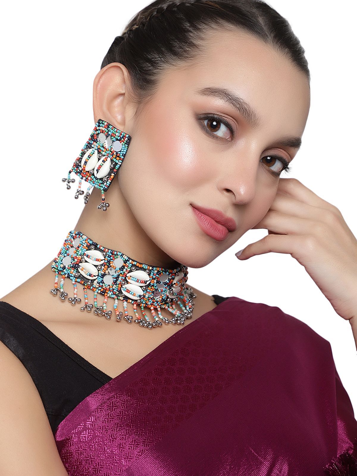 Cardinal Shell Multicolor Brads Weaving Geometric Design Choker Necklace Set